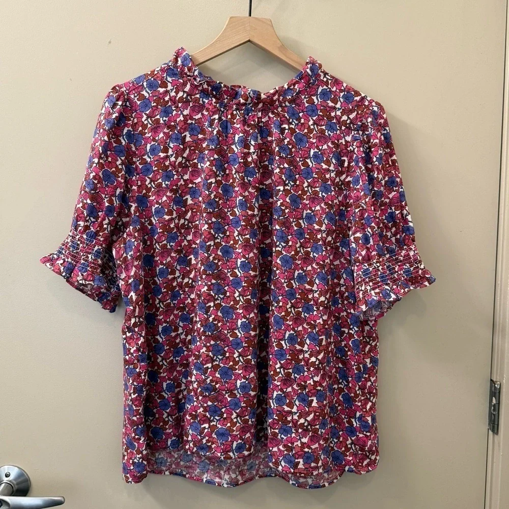 J Crew Smocked linen puff-sleeve top in berry floral size XL pink purple spring